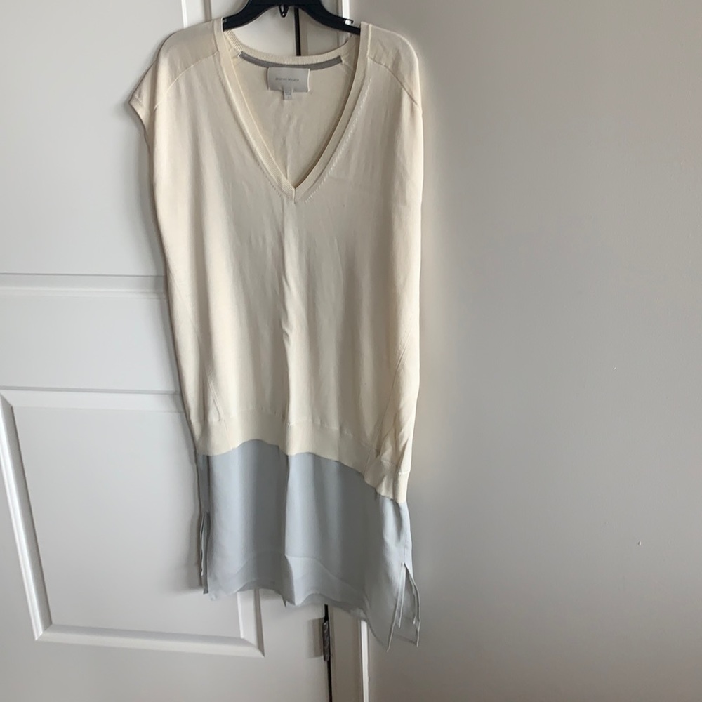 Brochu Walker cream sleeveless sweater dress with grey silk skirt